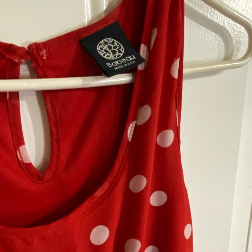 Red and white polkadot high-low dress